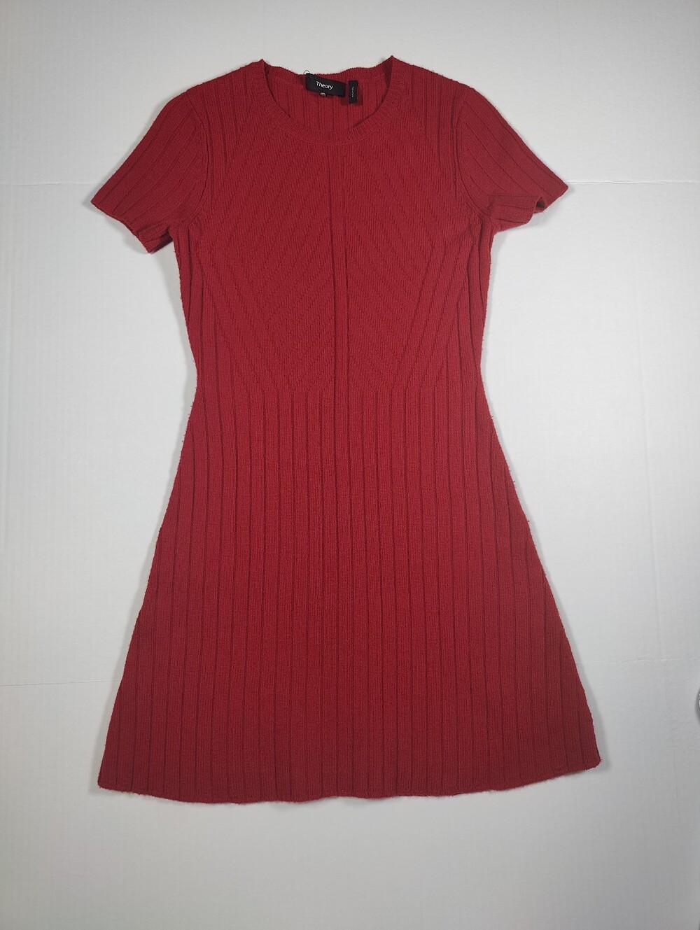 Theory Branteen Red Wool Cashmere Ribbed Knit Short Sleeve Sweater Dress Size S